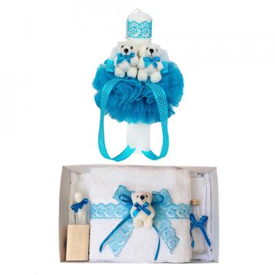 Set trusou de botez cu ursulet si lumanare glob cu dantela decor Turcoaz Baietel Denikos® 607 NKO3025