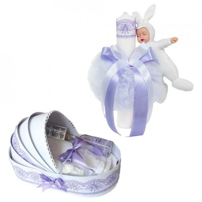 Pachet Trusou botez in landou si lumanare cu iepuras decor lila pentru Fetite Denikos® 581- NKO2999