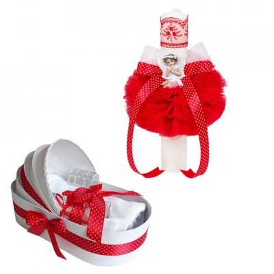 Pachet Trusou botez cu lumanare si ingeras Denikos 587 decor Rosu pentru Fete - NKO3005