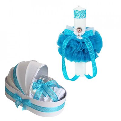 Pachet Trusou Botez in cutie landou si lumanare glob cu ingeras Denikos® 589 pentru Baieti, cu decor Turcoaz - NKO3007