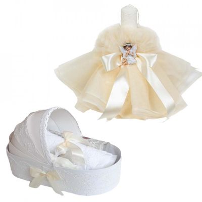 Set Trusou de botez model landou unisex cu lumanare botez inclusa Denikos 584 decor Ivoire cu ingeras - NKO3002