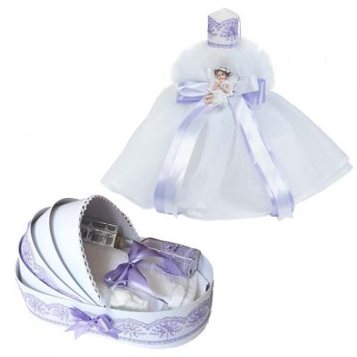 Pachet Trusou de botez pentru fete cu lumanare rochita cu ingeras in decor Lila Denikos® 583 - NKO3001