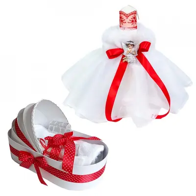 Pachet Trusou de botez pentru Fetita cu lumanare rochita alba cu ingeras si fundita Rosie Denikos&reg; 582 - NKO3000