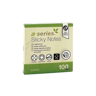 Notite adezive, A-Series, 75 x 75 mm, galben, 100 file - BPTCAY000800