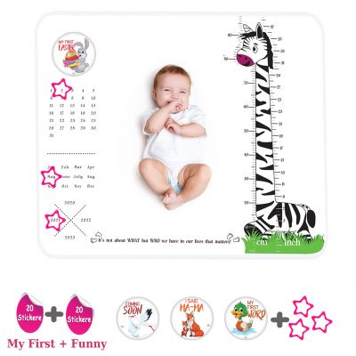 Pachet Paturica Foto Bebelusi Baby Milestone Blanket design Long Neck Zebra cu 20 Stickere My First + 20 Stickere Funny