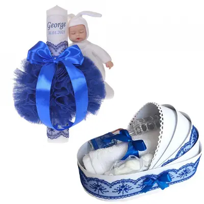Set Lumanare botez personalizata si trusou botez landou Baietel cu decor Albastru Denikos&reg; 805 NKO5234