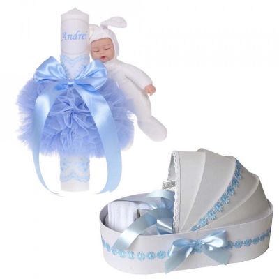 Pachet Lumanare botez personalizata si trusou botez in landou pentru Baieti Bleu Denikos® 801 NKO5230