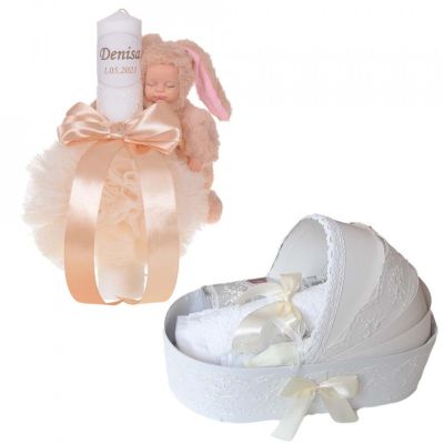 Pachet Lumanare botez cu iepuras personalizata si trusou botez in landou Unisex decor Ivoire Denikos® 803 NKO5232