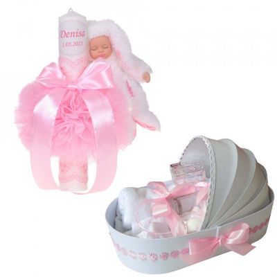 Pachet Lumanare botez cu iepuras personalizata si trusou botez landou fete Denikos 799 cu decor Roz