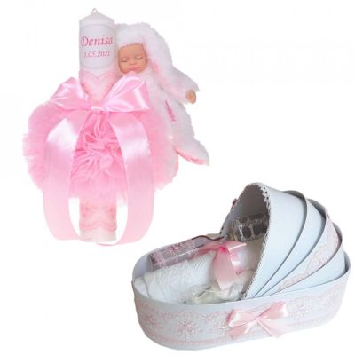 Pachet Lumanare botez personalizata si trusou botez in landou decor Roz Fetite Denikos® 797 NKO5226