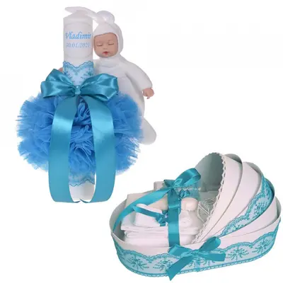 Set Lumanare personalizata cu iepuras si trusou botez in landou Baietel Denikos 796 decor Turcoaz - NKO5225