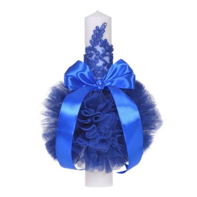Lumanare de botez eleganta cu tul pentru fetite cu dantela si fundita decor albastru Denikos® 708 NKO5137