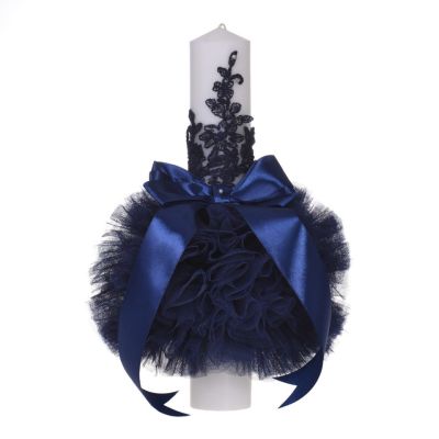 Lumanare botez Baietel eleganta cu tul dantela si fundita decor bleumarin Denikos® 706 NKO5135