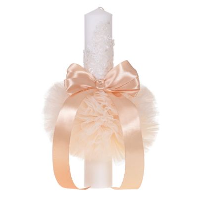 Lumanare botez unisex eleganta cu tul dantela si fundita decor crem / ivoire Denikos® 711 NKO5140