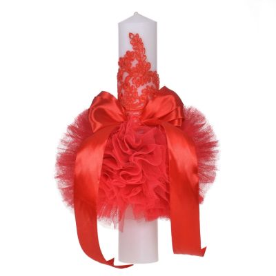 Lumanare botez eleganta cu tul pentru fetita dantela si fundita decor rosu Denikos® 705 NKO5134