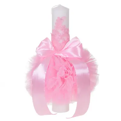 Lumanare botez eleganta cu tul Fete dantela si fundita decor roz Denikos® 704 NKO5133