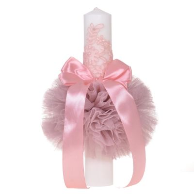 Lumanare de botez pentru fetita eleganta cu tul si dantela cu fundita decor roz pudra Denikos® 707 NKO5136