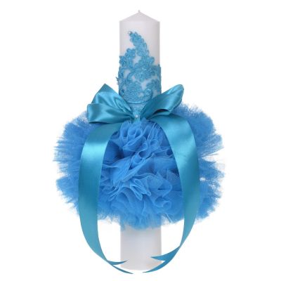 Lumanare botez eleganta cu tul dantela si fundita decor turcoaz pentru baieti Denikos® 710 NKO5139