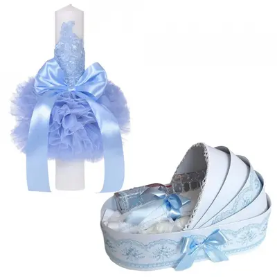 Set Lumanare si Trusou botez in landou cu decor Bleu Denikos&reg; 751 pentru Baiat - NKO5180