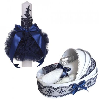 Pachet Lumanare botez si Trusou botez in landou cu decor Bleumarin Baietel Denikos® 753 - NKO5182