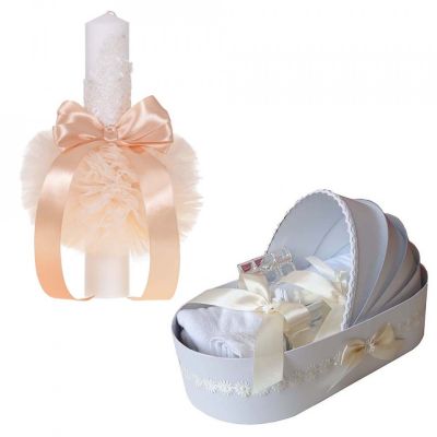 Set Trusou botez in landou si Lumanare glob pentru botez Unisex in decor Ivoire cu floricele Denikos® 755 - NKO5184