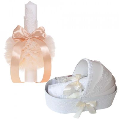 Pachet Lumanare glob cu dantela si Trusou de botez in landou cu decor Ivoire Unisex Denikos® 754 - NKO5183