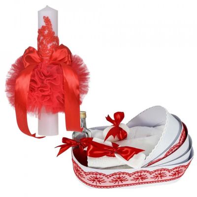Pachet cu Lumanare si trusou botez in cutie landou cu decor Rosu pentru Fete Denikos® 756 - NKO5185