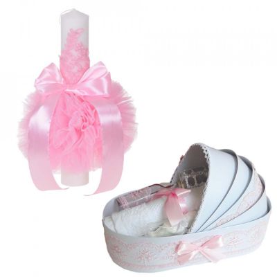 Pachet Lumanare glob si Trusou pentru botez in landou cu decor Roz Fetite Denikos® 748 - NKO5177