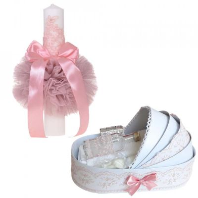 Set Trusou in landou si Lumanare botez decor Roz pudra Fete Denikos 747 - NKO5176