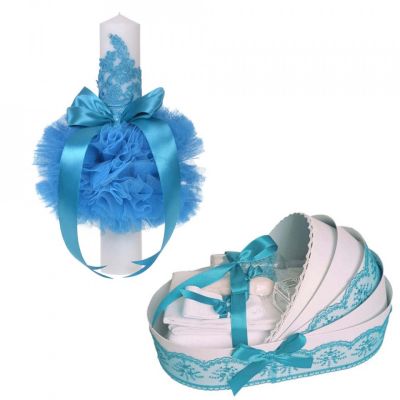Pachet Trusou botez si lumanare botez in landou cu decor Turcoaz Baieti Denikos® 757 - NKO5186