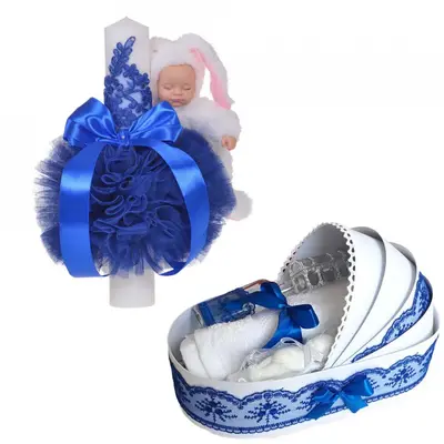 Set botez baiatel cu lumanare si trusou botez in landou decor Albastru Denikos 764 - NKO5193