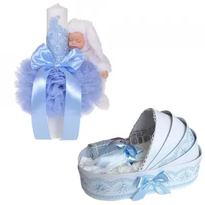 Set lumanare botez si trusou tip landou cu decor Bleu Denikos 765 pentru Baietel - NKO5194