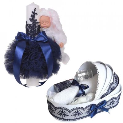 Pachet Botez Baiat cu Lumanare si Trusou de botez in landou Denikos 808 cu decor Bleumarin - NKO5237