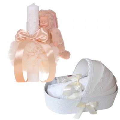 Trusou botez unisex in cutie landou plus Lumanare botez cu decor Ivoire Denikos® 767 NKO5196