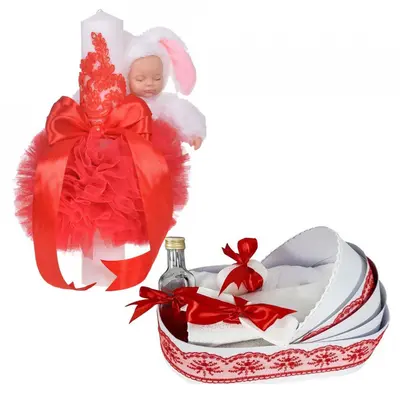 Pachet Lumanare si Trusou botez in cutie landou pentru fetite Denikos 772 decor Rosu - NKO5201