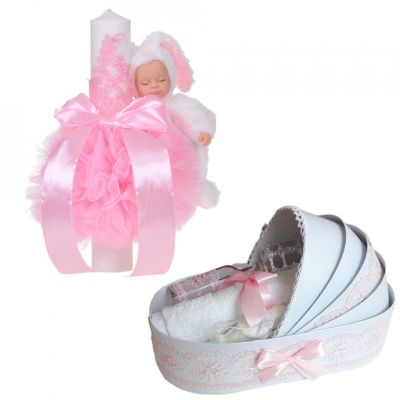 Pachet Lumanare botez si trusou botez in landou cu iepuras pentru Fetite Denikos 770 - NKO5199