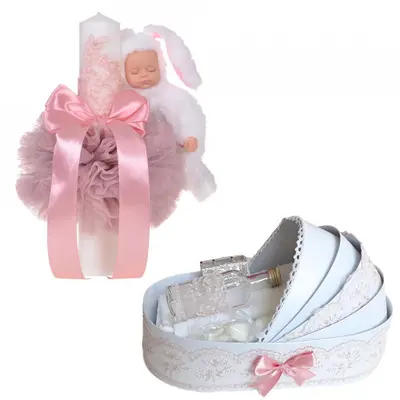 Set botez fetite Lumanare si trusou botez in landou cu decor Roz pudra Denikos&reg; 769 - NKO5198