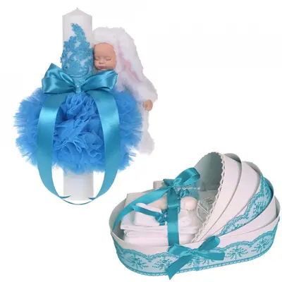 Set Lumanare de botez cu iepuras si trusou botez tip landou Denikos 773 cu decor Turcoaz Baietel - NKO5202