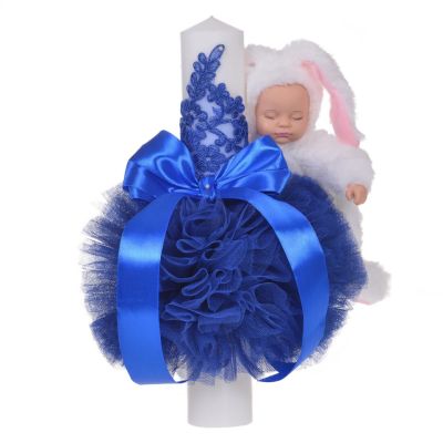 Lumanare botez jucarie iepuras pufos si dantela decor albastru pentru baieti Denikos® 718 NKO5147
