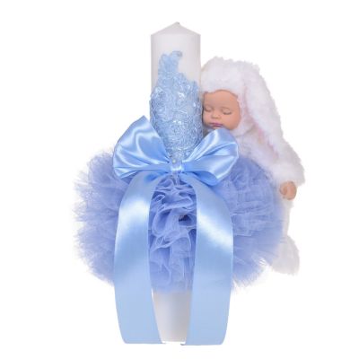 Lumanare botez jucarie iepuras pufos si dantela Baiat decor bleu Denikos® 717 NKO5146