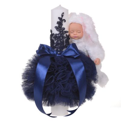 Lumanare botez jucarie iepuras pufos si dantela Baieti decor bleumarin Denikos® 716 NKO5145