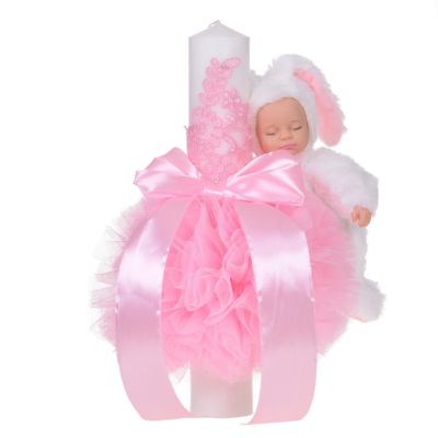 Lumanare botez jucarie iepuras pufos si dantela decor roz pentru fetite Denikos® 713 NKO5142