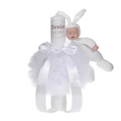 Lumanare botez personalizata cu nume copil unisex decor alb diafan cu tul dantela si o jucarie iepuras Denikos® 729 NKO5158