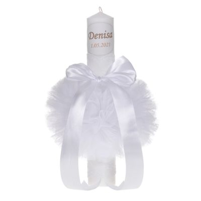 Lumanare botez personalizata cu decor alb diafan cu tul si dantela unisex Denikos® 728 NKO5157