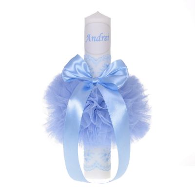 Lumanare de botez Baiat personalizata cu decor bleu cu tul si dantela Denikos® 726 NKO5155