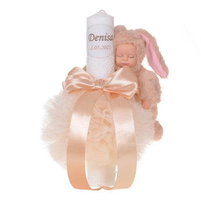 Lumanare botez personalizata Unisex decor crem / ivoire cu tul, dantela si o jucarie iepuras Denikos® 735 NKO5164