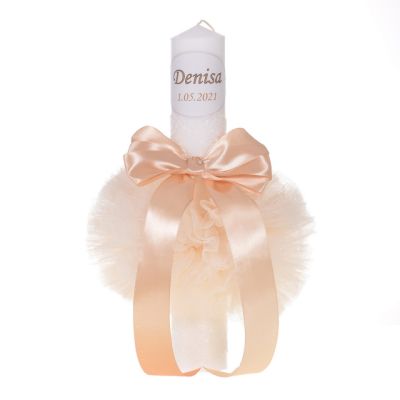 Lumanare botez personalizata Unisex decor crem / ivoire cu tul si dantela Denikos® 724 NKO5153