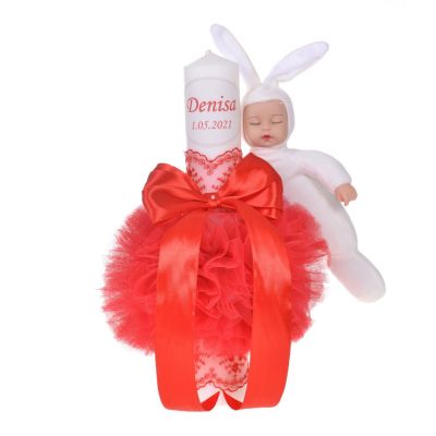 Lumanare botez personalizata decor rosu cu tul si dantela si o jucarie iepuras pentru fata Denikos® 733 NKO5162