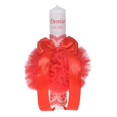 Lumanare botez personalizata cu nume feitta decor rosu cu tul si dantela Denikos® 723 NKO5152