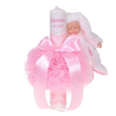 Lumanare botez personalizata pentru fete decor roz cu tul, dantela si o jucarie iepuras, Denikos® 732 NKO5161